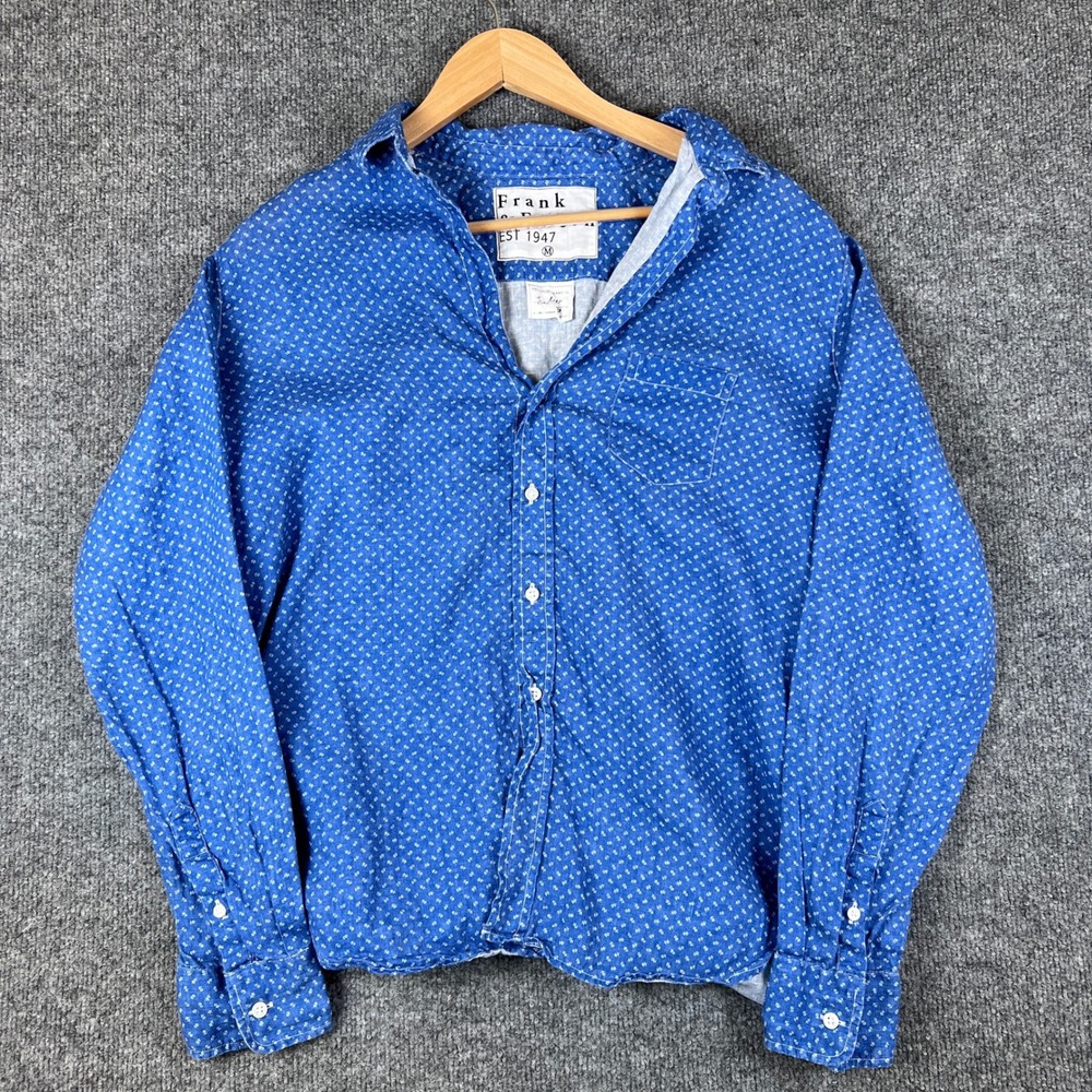 Frank & Eileen Shirt Womens M Blue "Eileen" 100% Linen Floral Daisy Long Sleeve